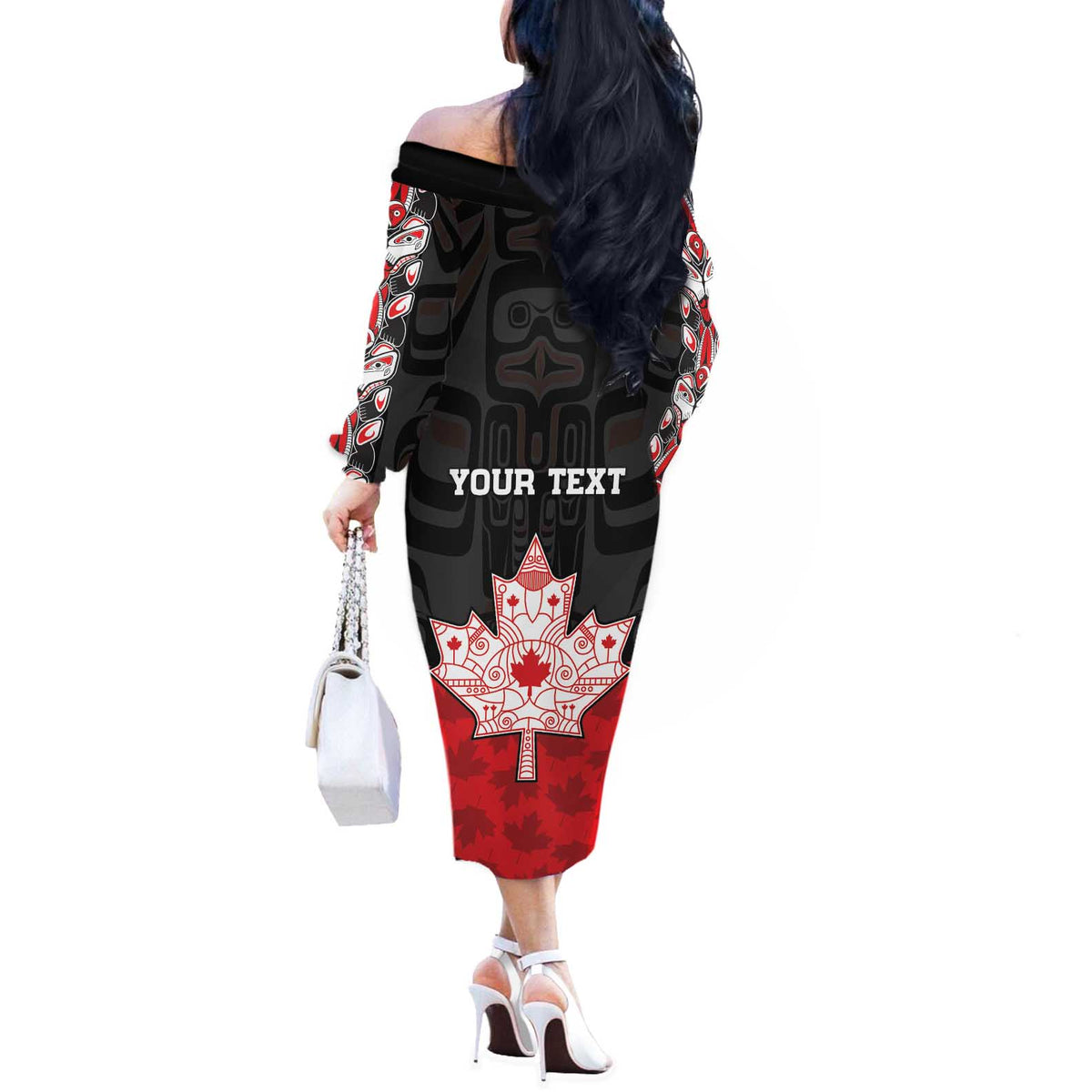 Personalised Canada Maple Leaf Off The Shoulder Long Sleeve Dress Haida Totem Inspired Art
