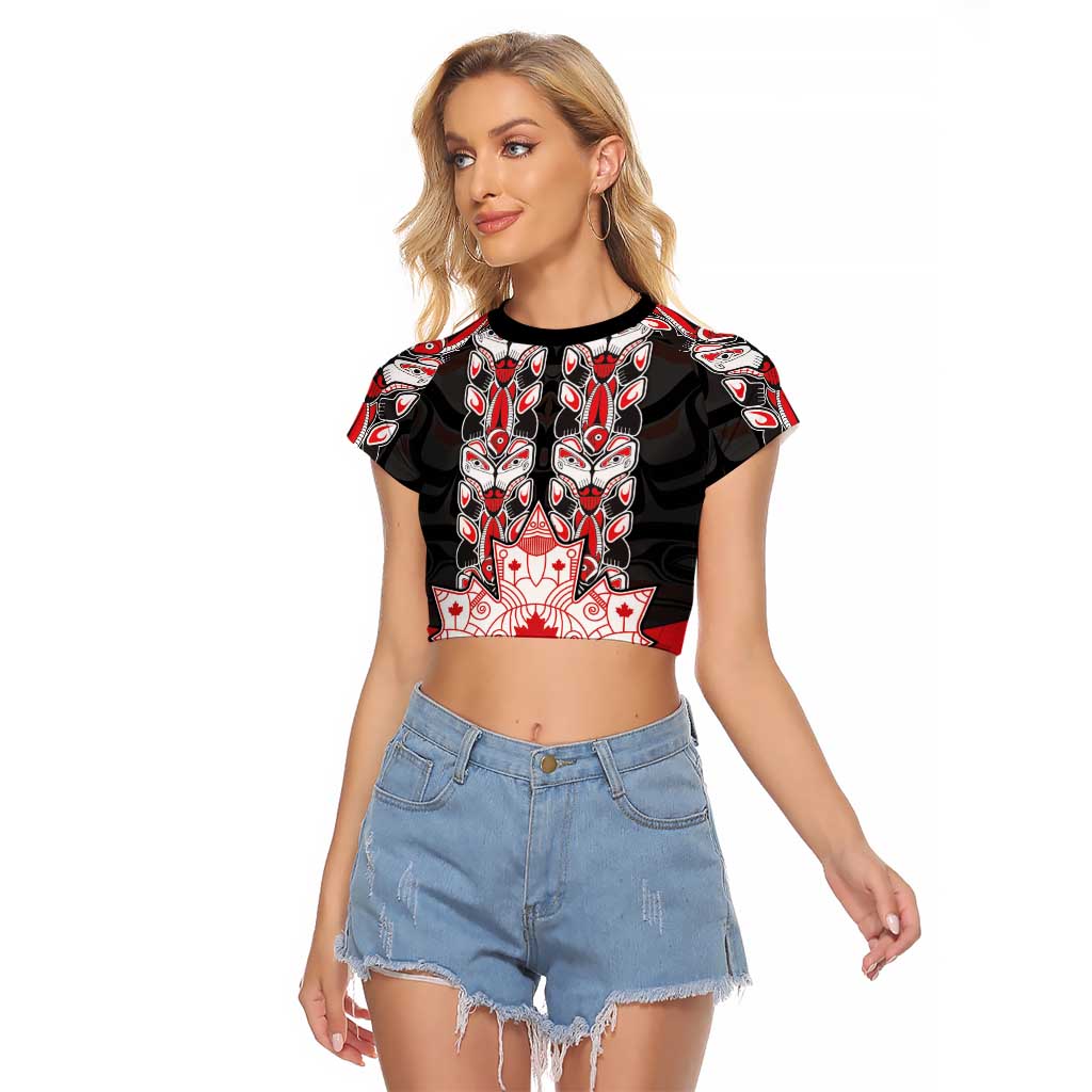 Personalised Canada Maple Leaf Raglan Cropped T Shirt Haida Totem Inspired Art