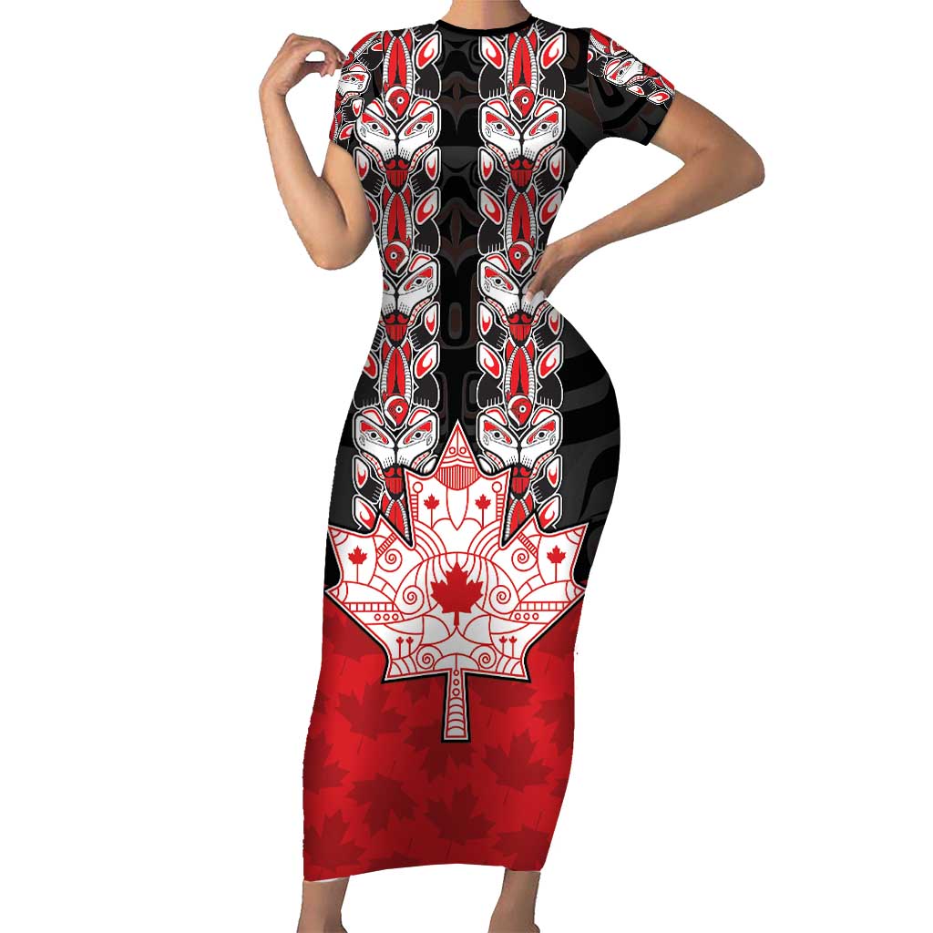 Personalised Canada Maple Leaf Short Sleeve Bodycon Dress Haida Totem Inspired Art