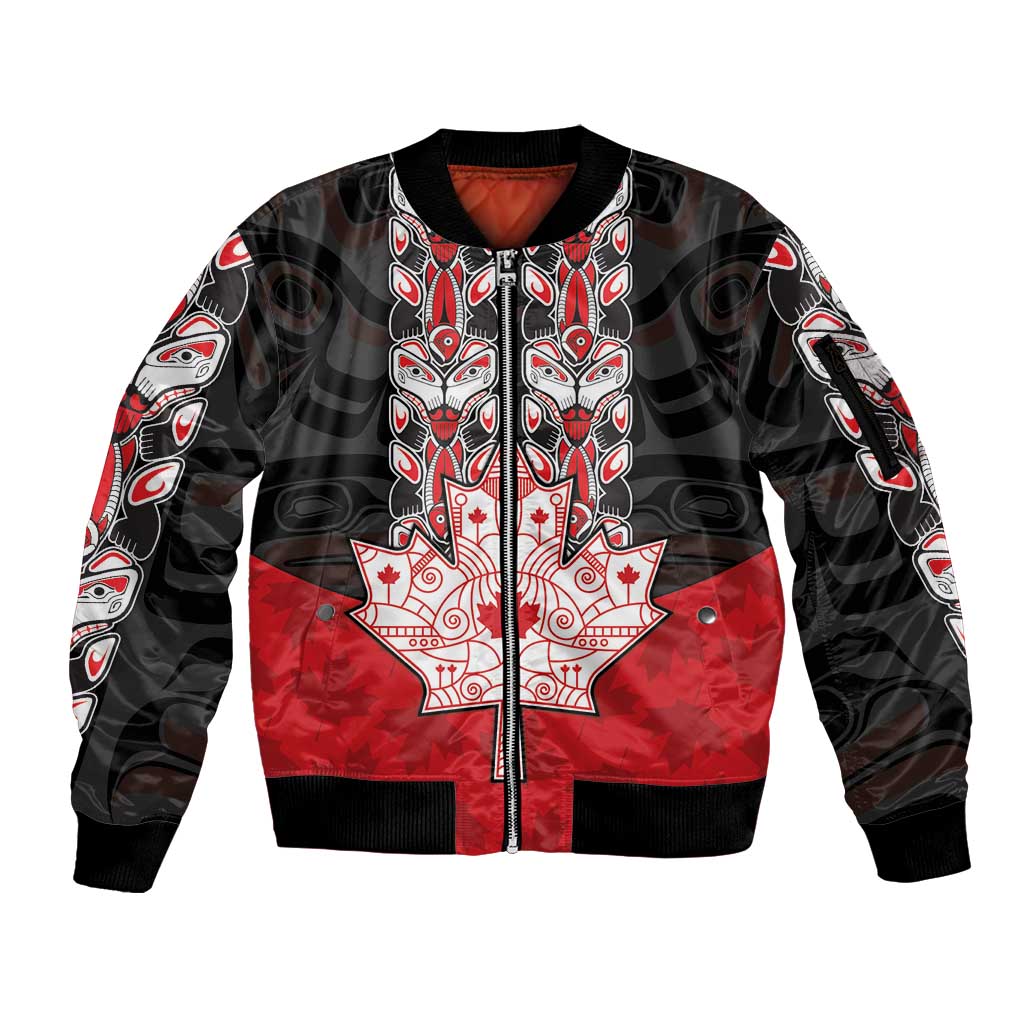 Personalised Canada Maple Leaf Sleeve Zip Bomber Jacket Haida Totem Inspired Art