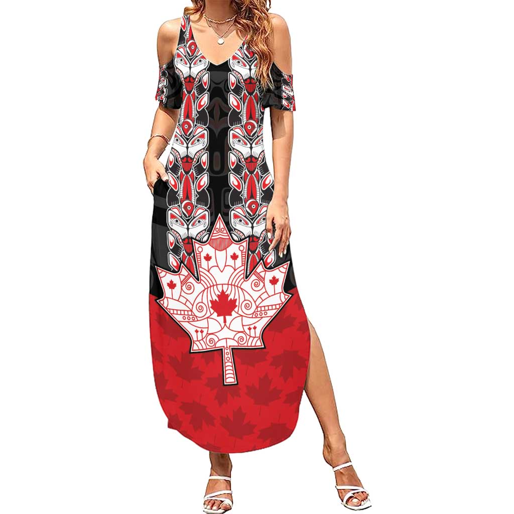 Personalised Canada Maple Leaf Summer Maxi Dress Haida Totem Inspired Art