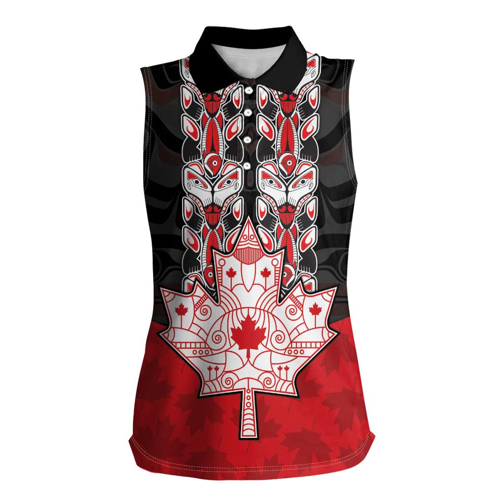 Personalised Canada Maple Leaf Women Sleeveless Polo Shirt Haida Totem Inspired Art
