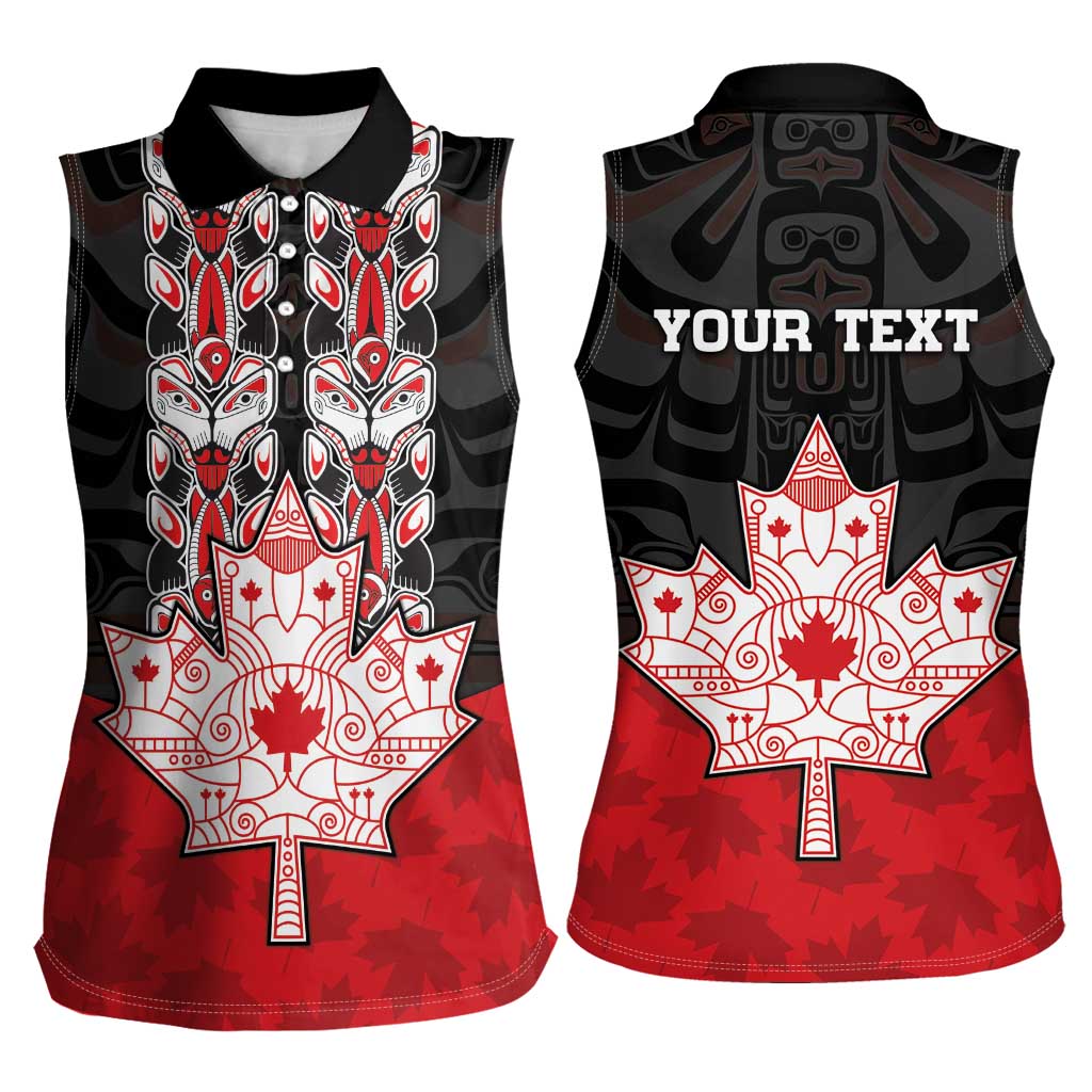Personalised Canada Maple Leaf Women Sleeveless Polo Shirt Haida Totem Inspired Art