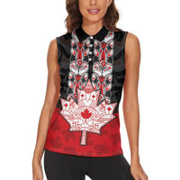 Personalised Canada Maple Leaf Women Sleeveless Polo Shirt Haida Totem Inspired Art