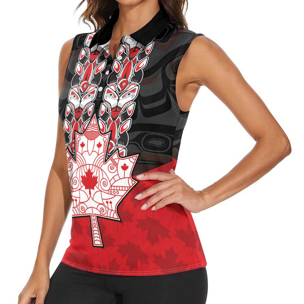Personalised Canada Maple Leaf Women Sleeveless Polo Shirt Haida Totem Inspired Art