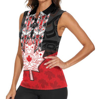 Personalised Canada Maple Leaf Women Sleeveless Polo Shirt Haida Totem Inspired Art