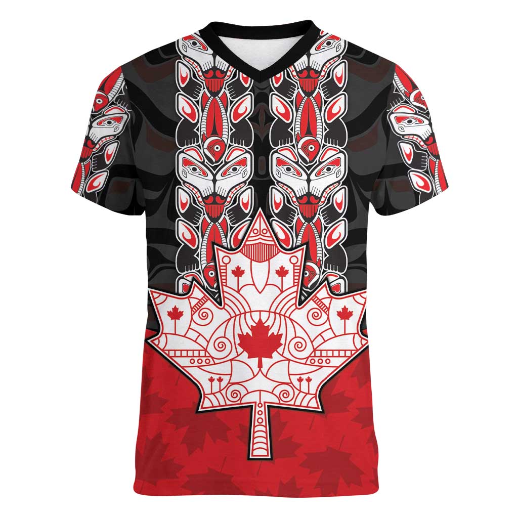 Personalised Canada Maple Leaf Women V-Neck T-Shirt Haida Totem Inspired Art