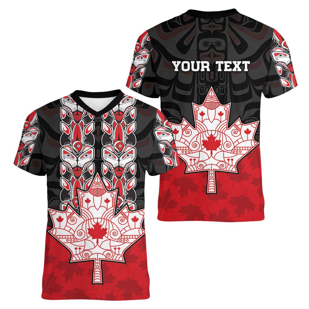 Personalised Canada Maple Leaf Women V-Neck T-Shirt Haida Totem Inspired Art
