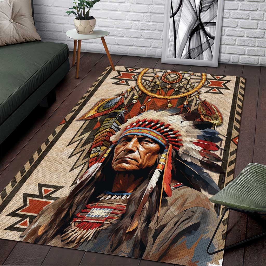 Native American Man Area Rug Feather Headdress With Dream Catcher
