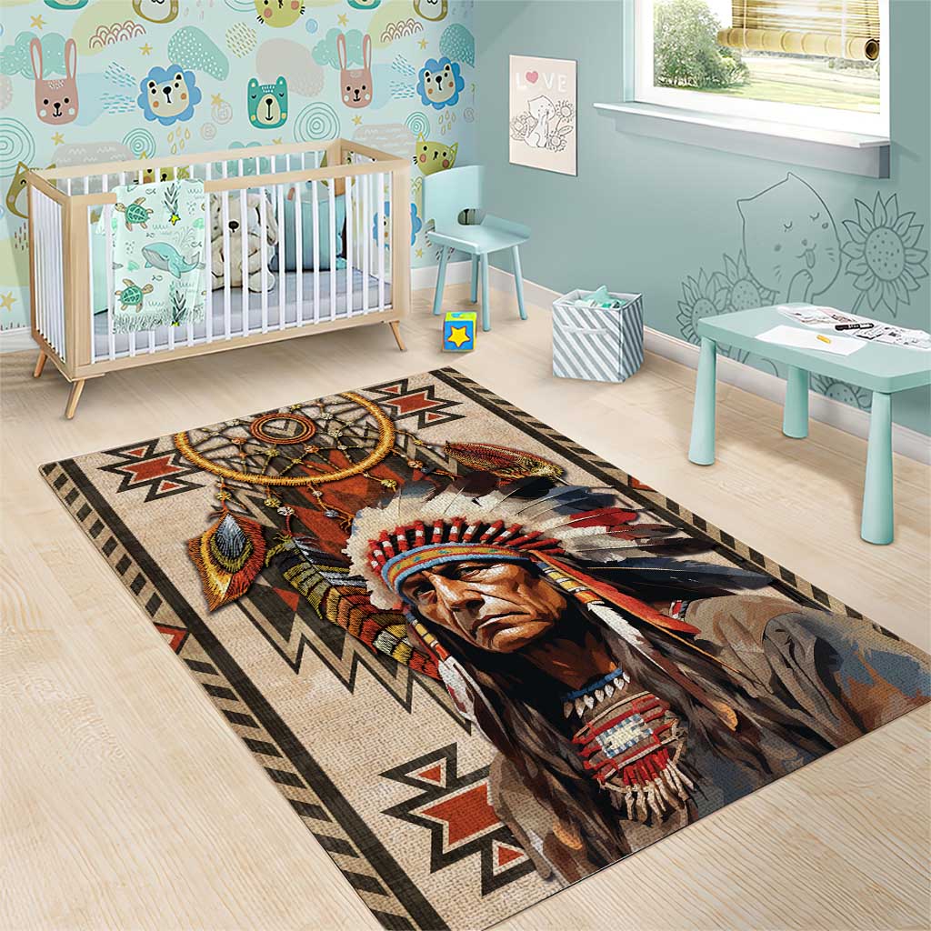 Native American Man Area Rug Feather Headdress With Dream Catcher