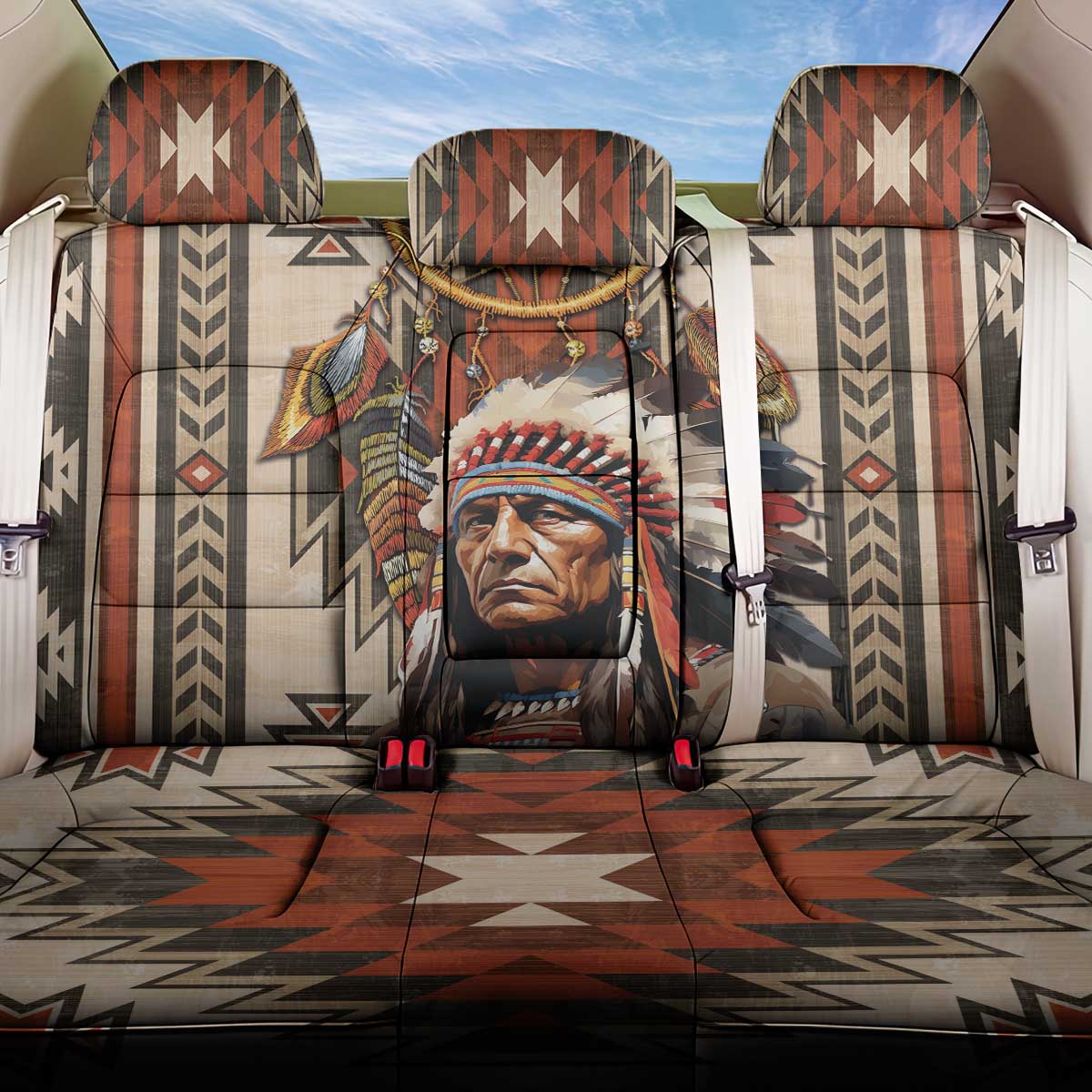 Native American Man Back Car Seat Cover Feather Headdress With Dream Catcher