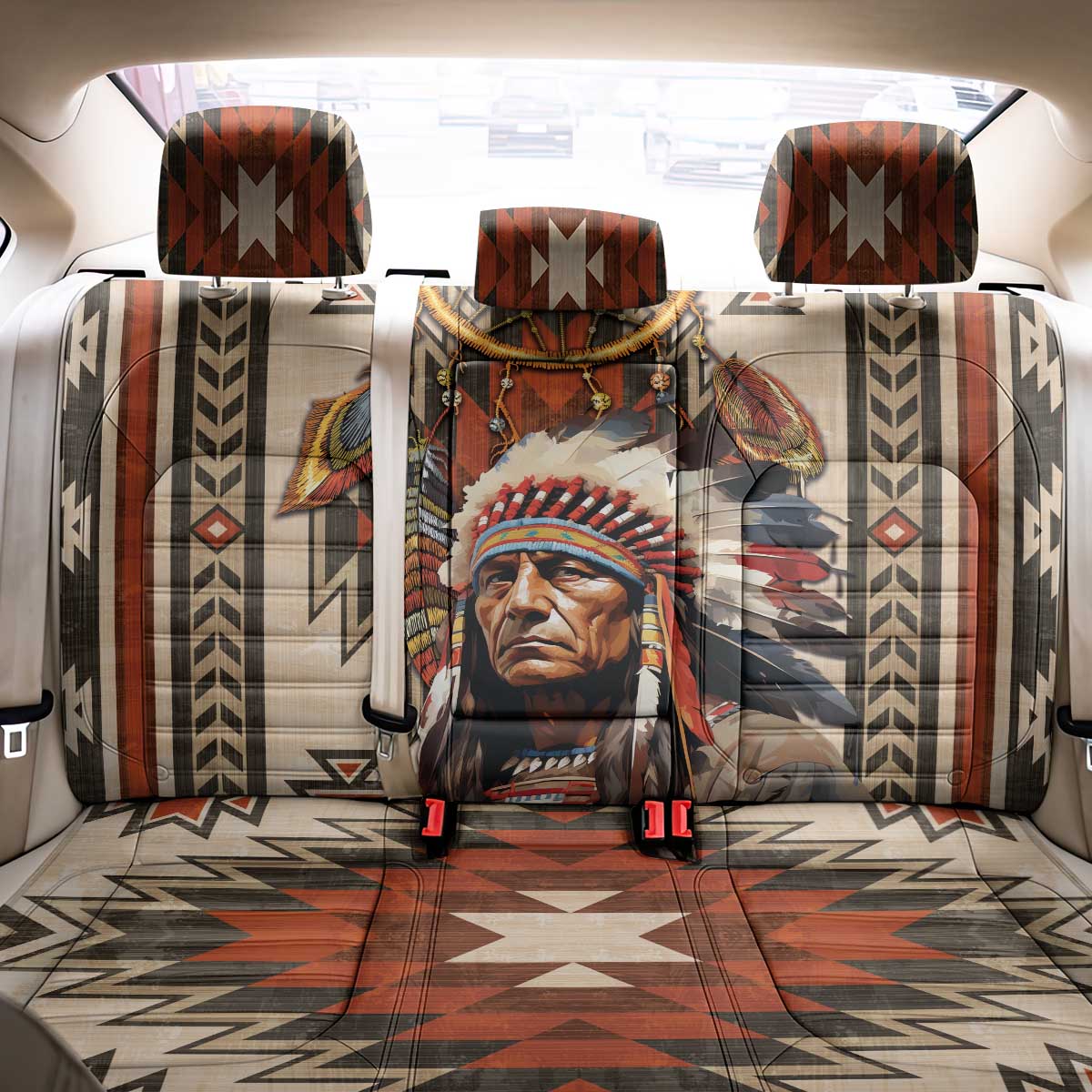 Native American Man Back Car Seat Cover Feather Headdress With Dream Catcher