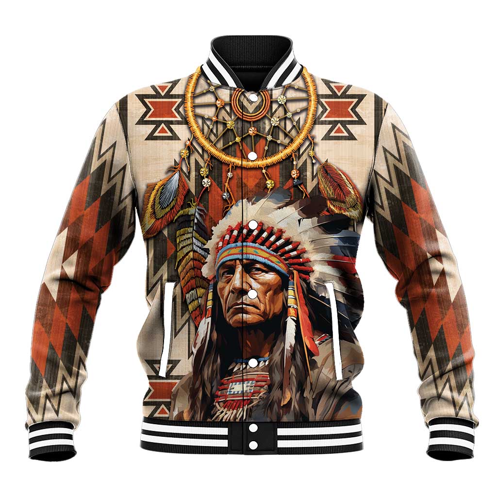 Native American Man Baseball Jacket Feather Headdress With Dream Catcher