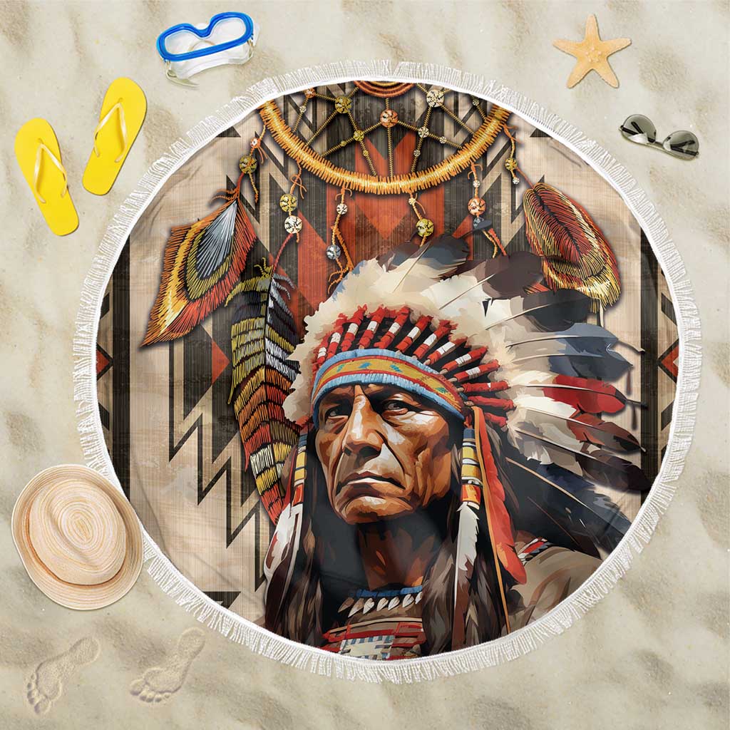 Native American Man Beach Blanket Feather Headdress With Dream Catcher