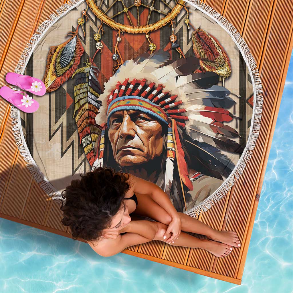 Native American Man Beach Blanket Feather Headdress With Dream Catcher