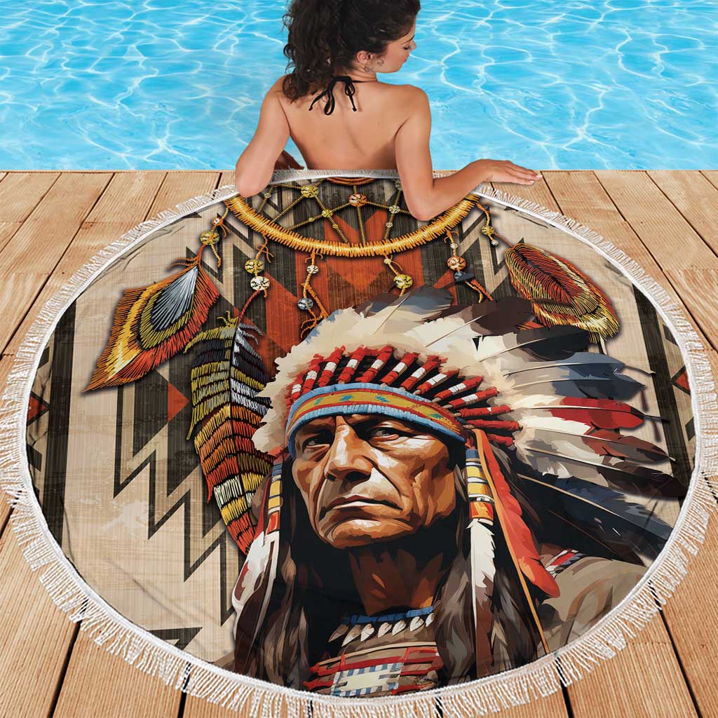 Native American Man Beach Blanket Feather Headdress With Dream Catcher