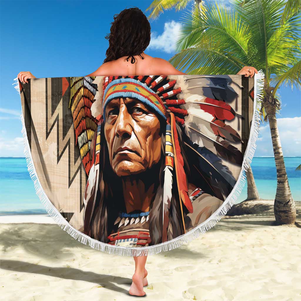 Native American Man Beach Blanket Feather Headdress With Dream Catcher