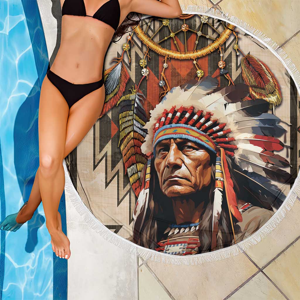 Native American Man Beach Blanket Feather Headdress With Dream Catcher