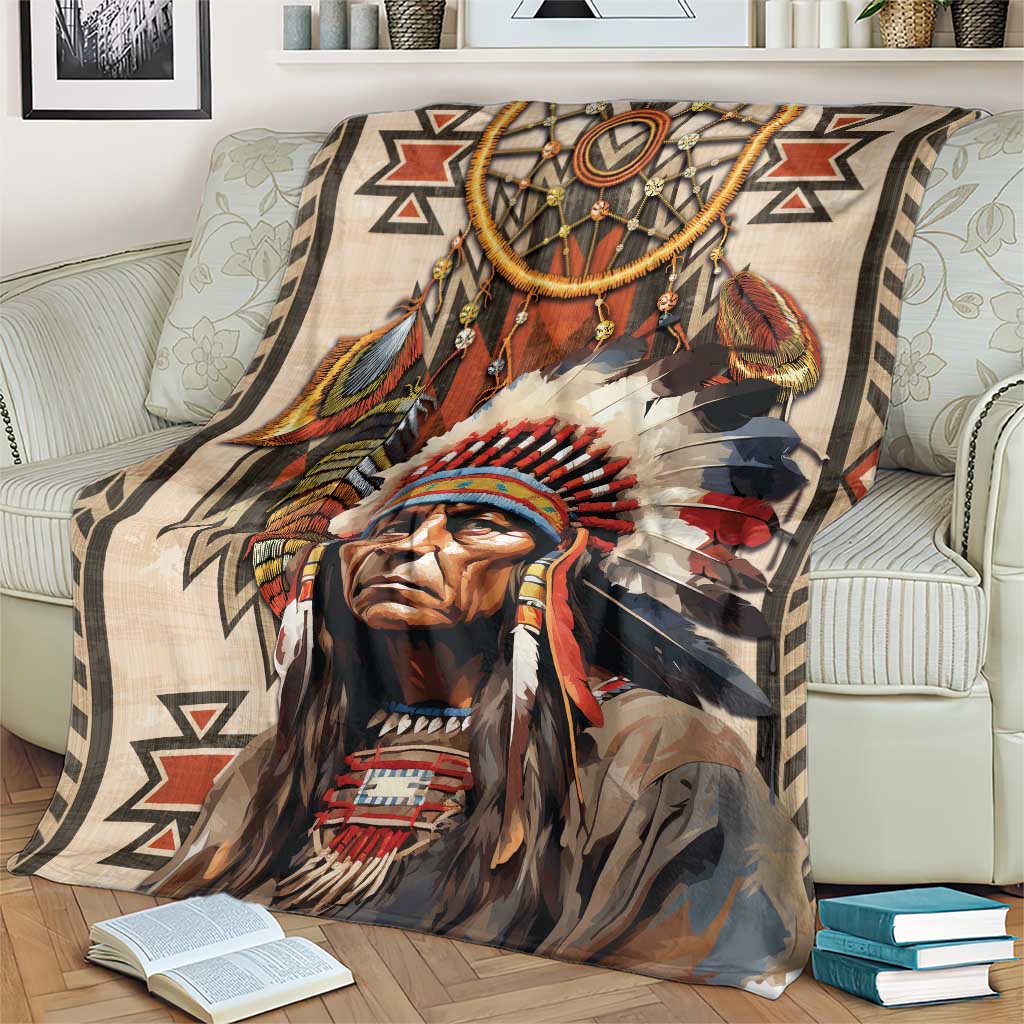 Native American Man Blanket Feather Headdress With Dream Catcher