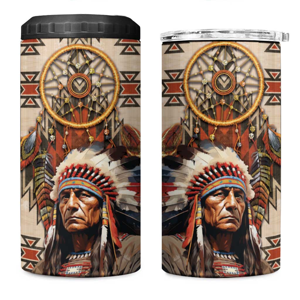 Native American Man 4 in 1 Can Cooler Tumbler Feather Headdress With Dream Catcher
