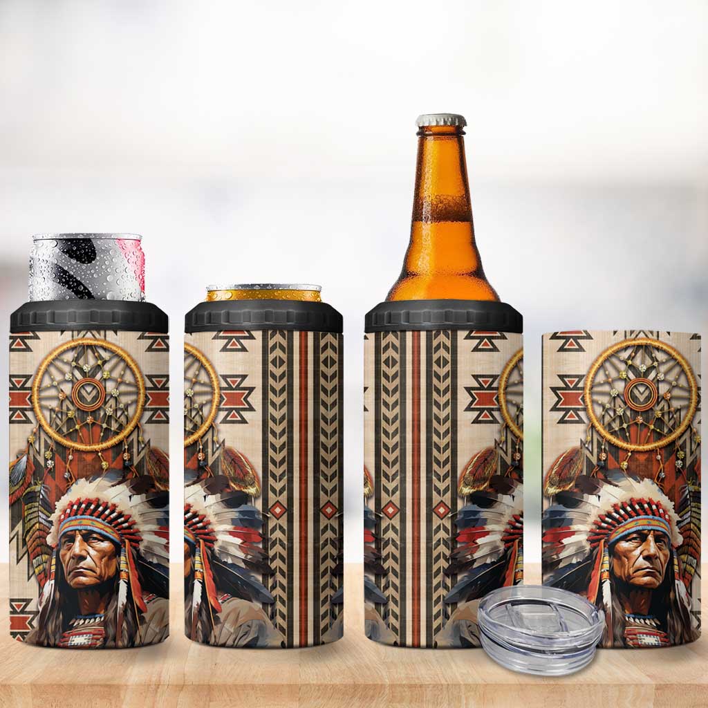 Native American Man 4 in 1 Can Cooler Tumbler Feather Headdress With Dream Catcher