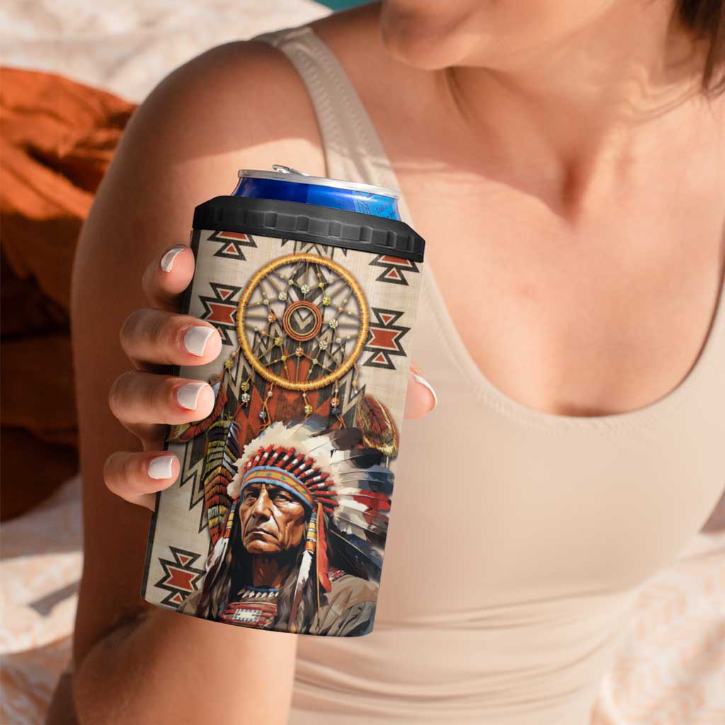 Native American Man 4 in 1 Can Cooler Tumbler Feather Headdress With Dream Catcher