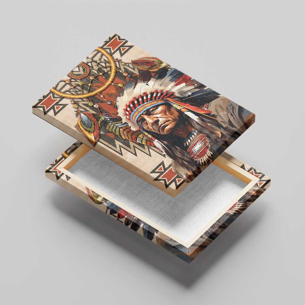 Native American Man Canvas Wall Art Feather Headdress With Dream Catcher