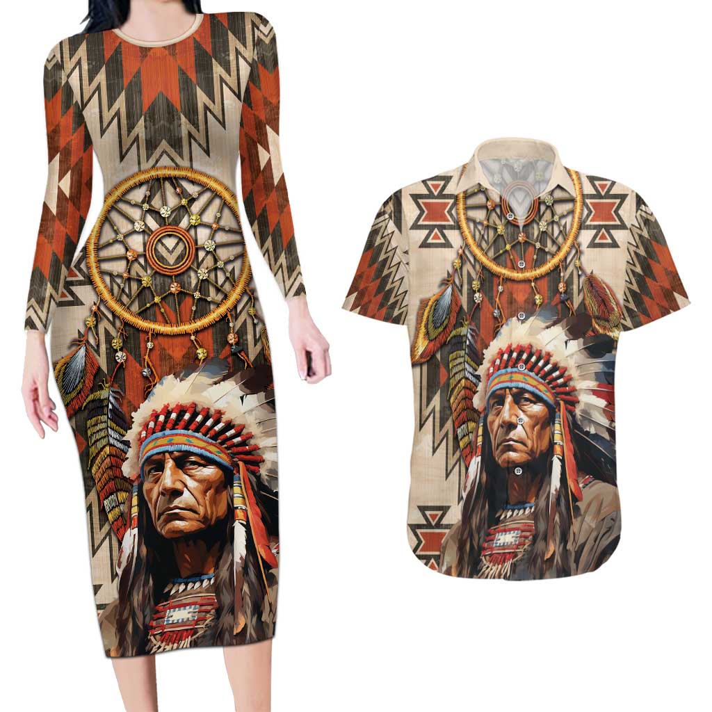 Native American Man Couples Matching Long Sleeve Bodycon Dress and Hawaiian Shirt Feather Headdress With Dream Catcher