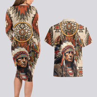 Native American Man Couples Matching Long Sleeve Bodycon Dress and Hawaiian Shirt Feather Headdress With Dream Catcher