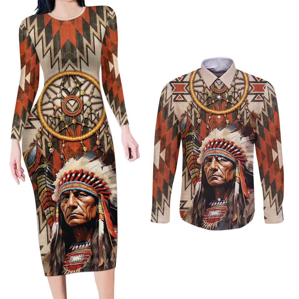 Native American Man Couples Matching Long Sleeve Bodycon Dress and Long Sleeve Button Shirt Feather Headdress With Dream Catcher