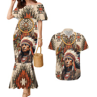 Native American Man Couples Matching Mermaid Dress and Hawaiian Shirt Feather Headdress With Dream Catcher