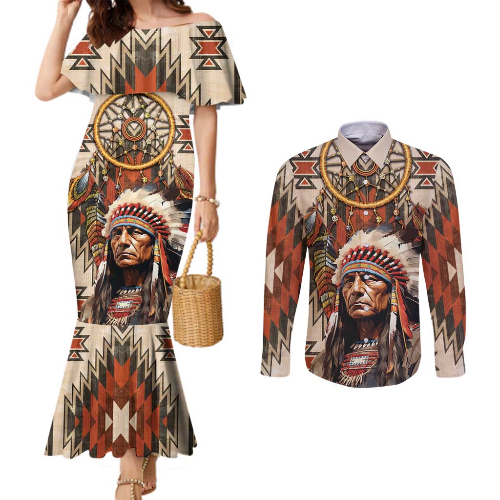 Native American Man Couples Matching Mermaid Dress and Long Sleeve Button Shirt Feather Headdress With Dream Catcher