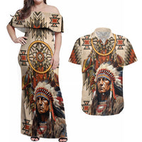 Native American Man Couples Matching Off Shoulder Maxi Dress and Hawaiian Shirt Feather Headdress With Dream Catcher