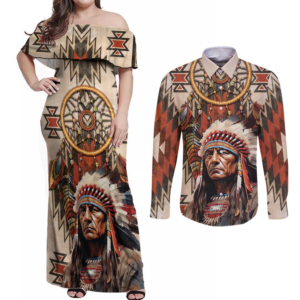 Native American Man Couples Matching Off Shoulder Maxi Dress and Long Sleeve Button Shirt Feather Headdress With Dream Catcher