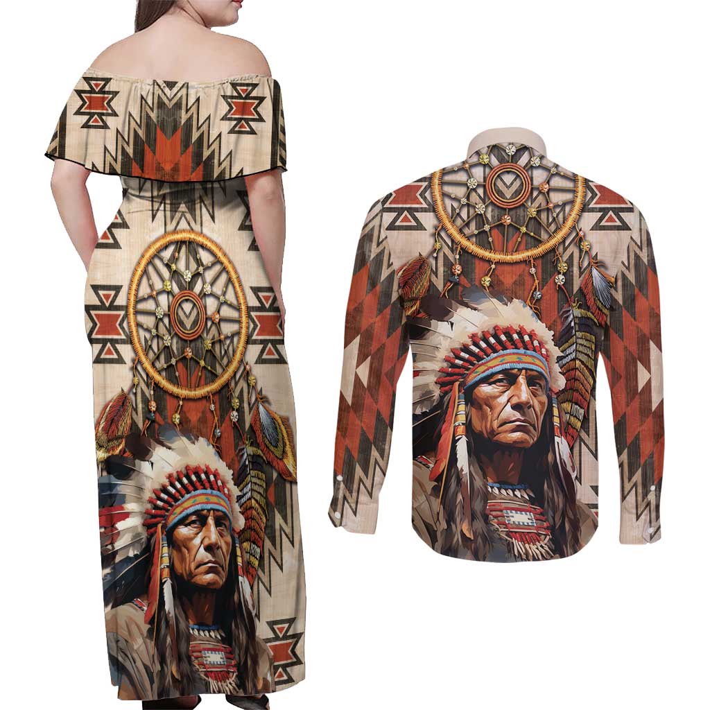 Native American Man Couples Matching Off Shoulder Maxi Dress and Long Sleeve Button Shirt Feather Headdress With Dream Catcher