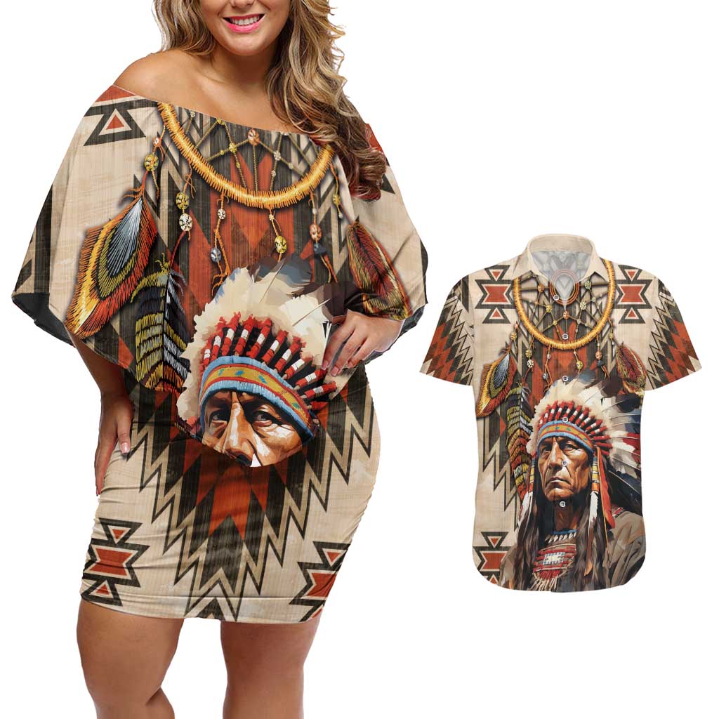 Native American Man Couples Matching Off Shoulder Short Dress and Hawaiian Shirt Feather Headdress With Dream Catcher