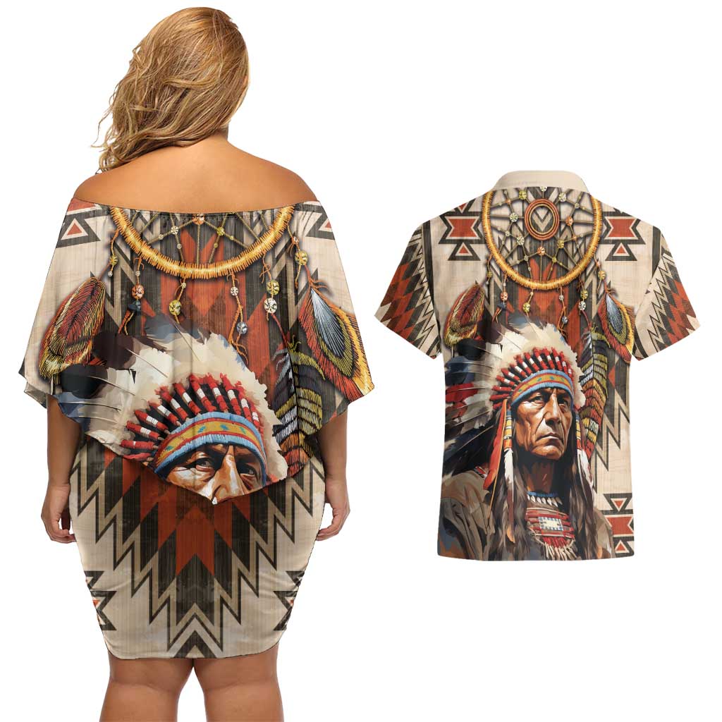 Native American Man Couples Matching Off Shoulder Short Dress and Hawaiian Shirt Feather Headdress With Dream Catcher