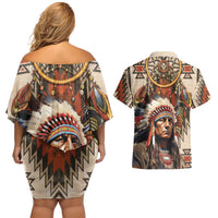 Native American Man Couples Matching Off Shoulder Short Dress and Hawaiian Shirt Feather Headdress With Dream Catcher