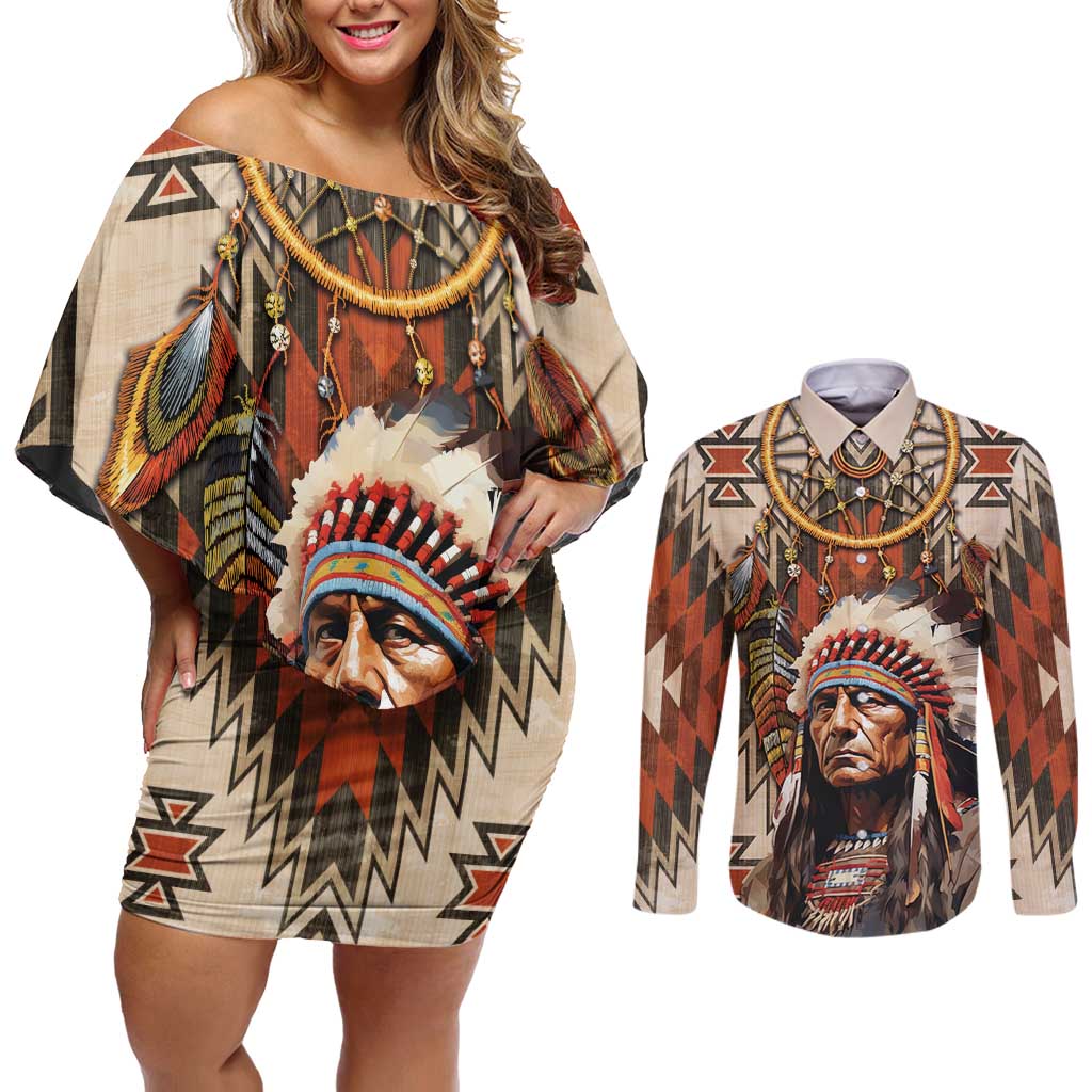 Native American Man Couples Matching Off Shoulder Short Dress and Long Sleeve Button Shirt Feather Headdress With Dream Catcher