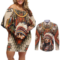 Native American Man Couples Matching Off Shoulder Short Dress and Long Sleeve Button Shirt Feather Headdress With Dream Catcher