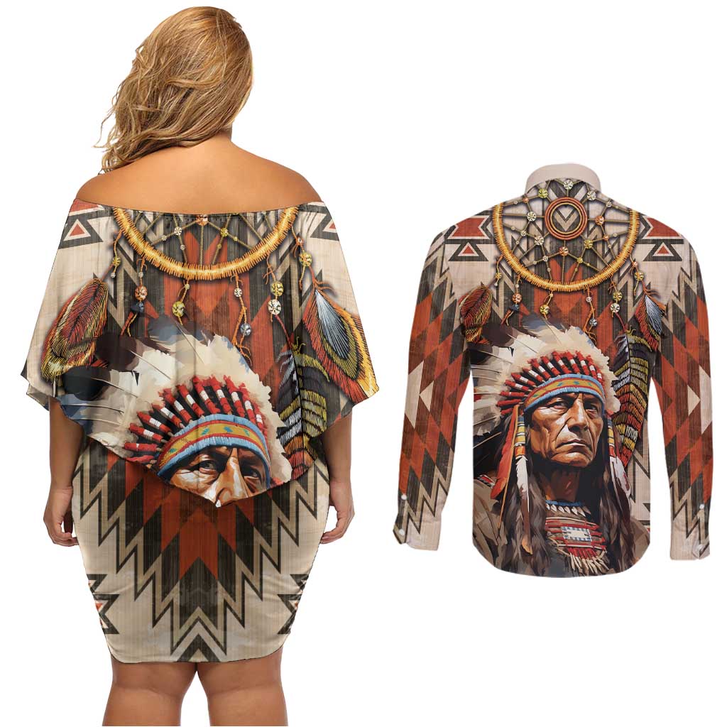 Native American Man Couples Matching Off Shoulder Short Dress and Long Sleeve Button Shirt Feather Headdress With Dream Catcher