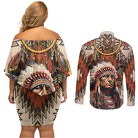 Native American Man Couples Matching Off Shoulder Short Dress and Long Sleeve Button Shirt Feather Headdress With Dream Catcher