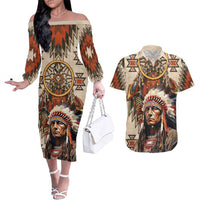 Native American Man Couples Matching Off The Shoulder Long Sleeve Dress and Hawaiian Shirt Feather Headdress With Dream Catcher