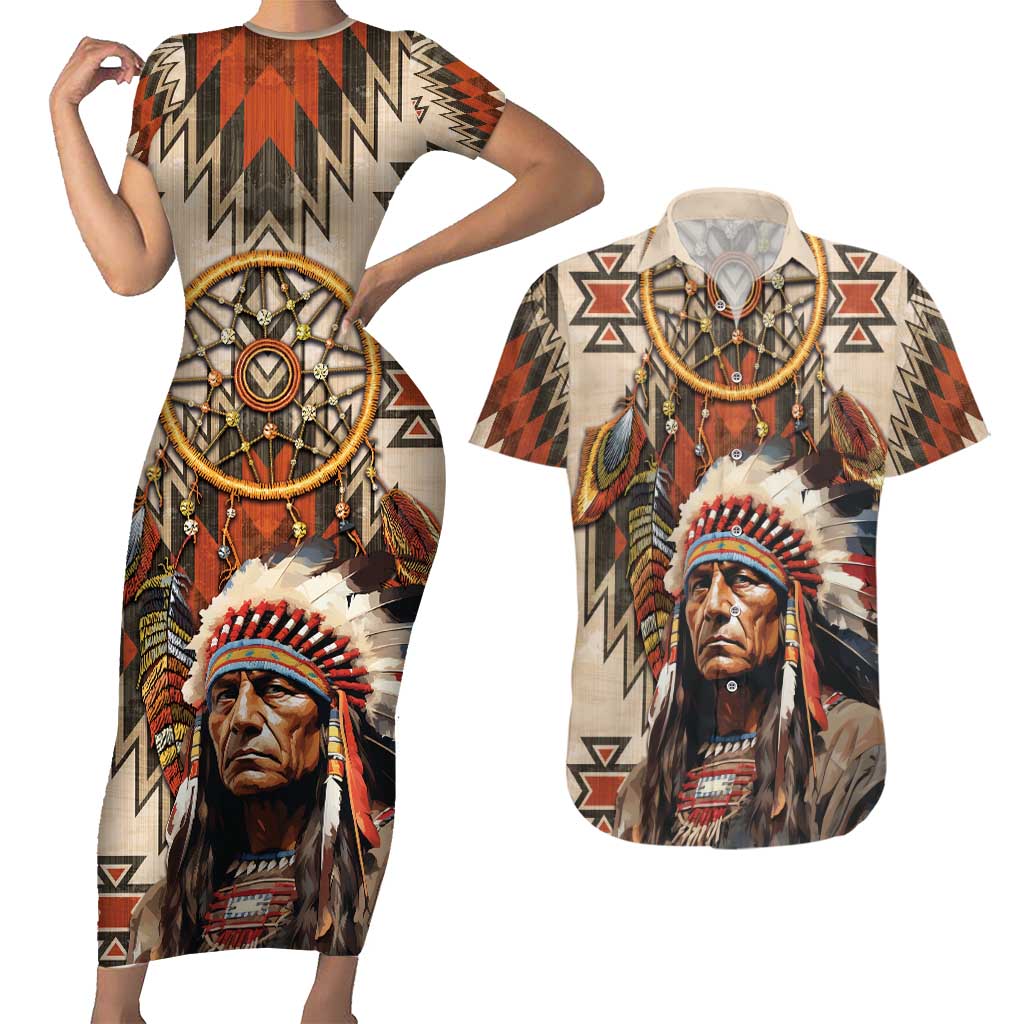 Native American Man Couples Matching Short Sleeve Bodycon Dress and Hawaiian Shirt Feather Headdress With Dream Catcher