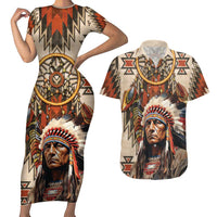 Native American Man Couples Matching Short Sleeve Bodycon Dress and Hawaiian Shirt Feather Headdress With Dream Catcher