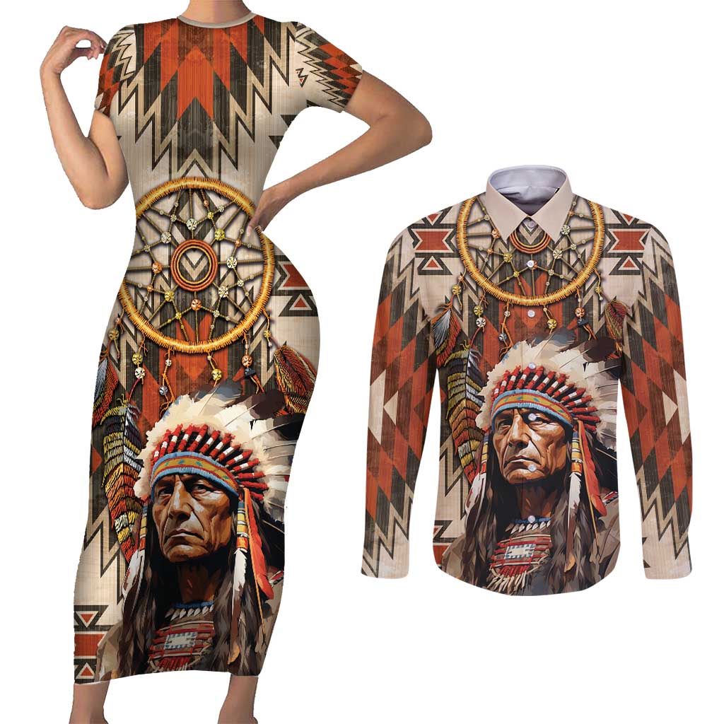 Native American Man Couples Matching Short Sleeve Bodycon Dress and Long Sleeve Button Shirt Feather Headdress With Dream Catcher