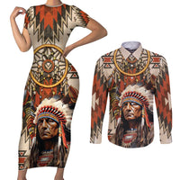 Native American Man Couples Matching Short Sleeve Bodycon Dress and Long Sleeve Button Shirt Feather Headdress With Dream Catcher