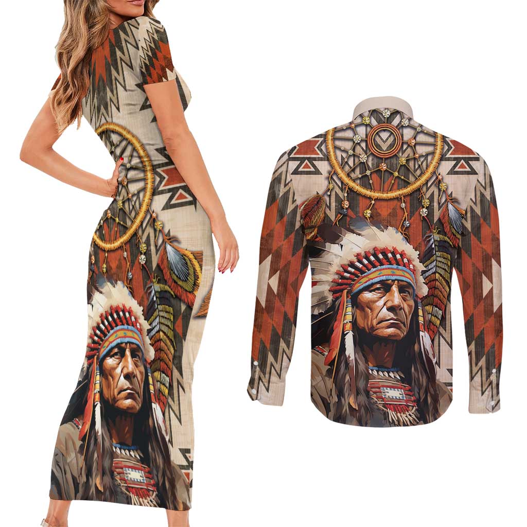 Native American Man Couples Matching Short Sleeve Bodycon Dress and Long Sleeve Button Shirt Feather Headdress With Dream Catcher
