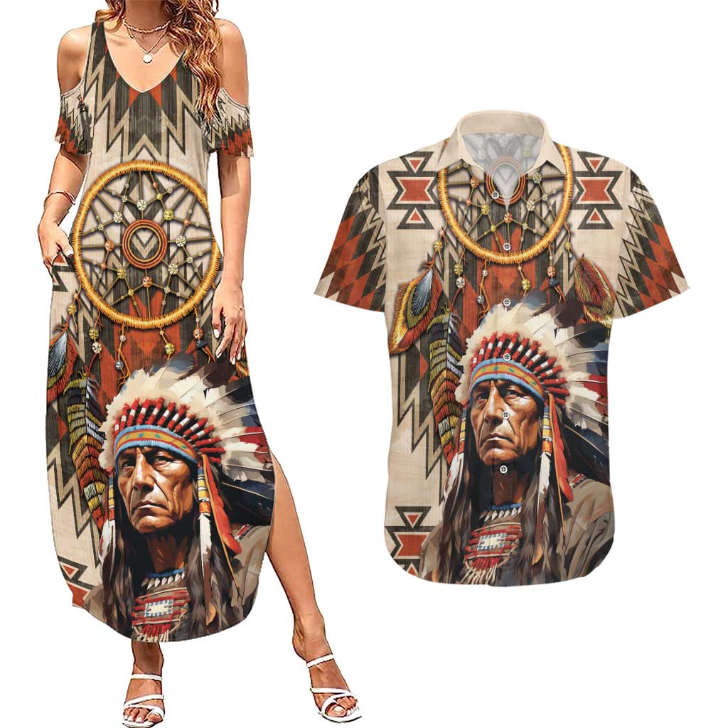 Native American Man Couples Matching Summer Maxi Dress and Hawaiian Shirt Feather Headdress With Dream Catcher