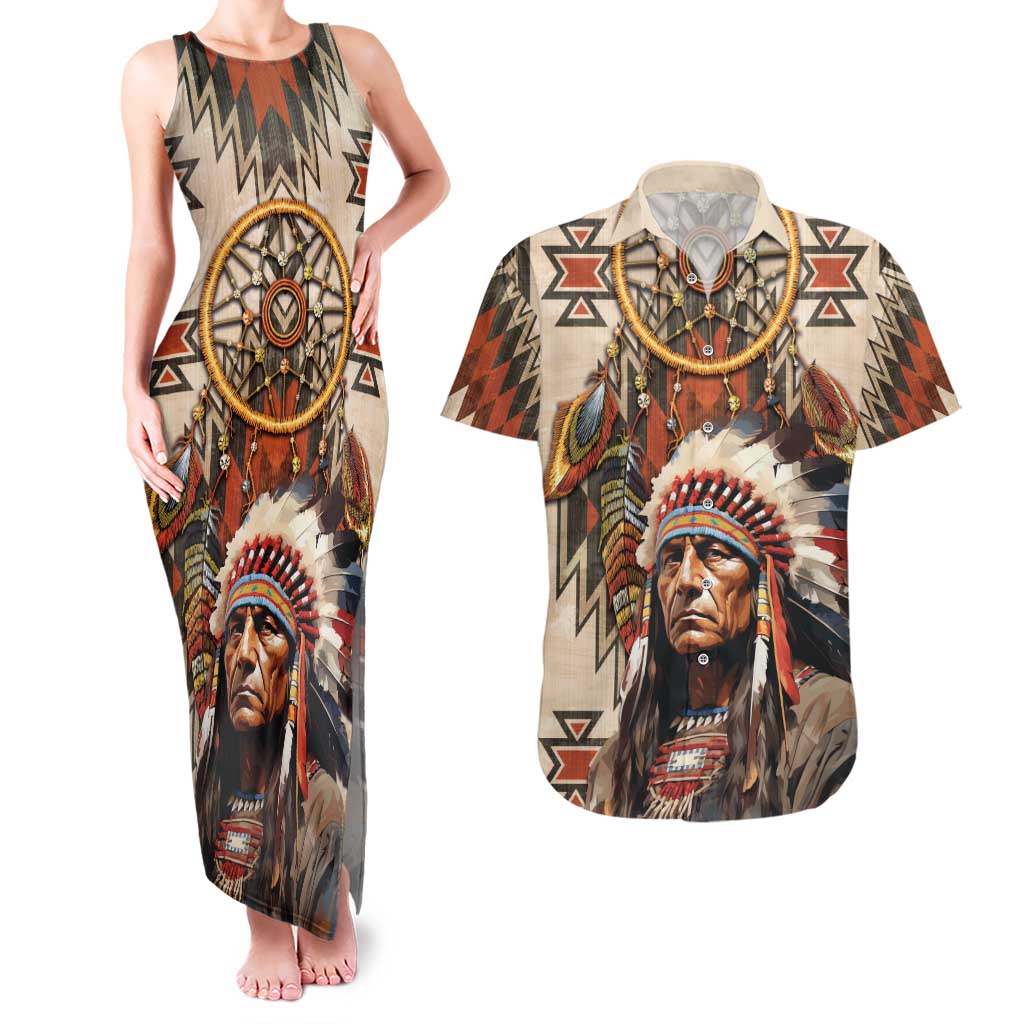 Native American Man Couples Matching Tank Maxi Dress and Hawaiian Shirt Feather Headdress With Dream Catcher